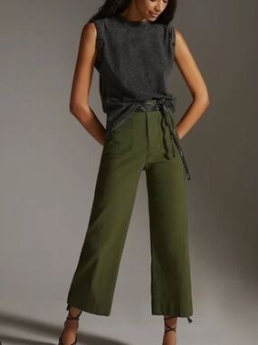 Maeve Anthropologie Colette Green Ponte Stretch Knit Wide Leg Cropped Pants